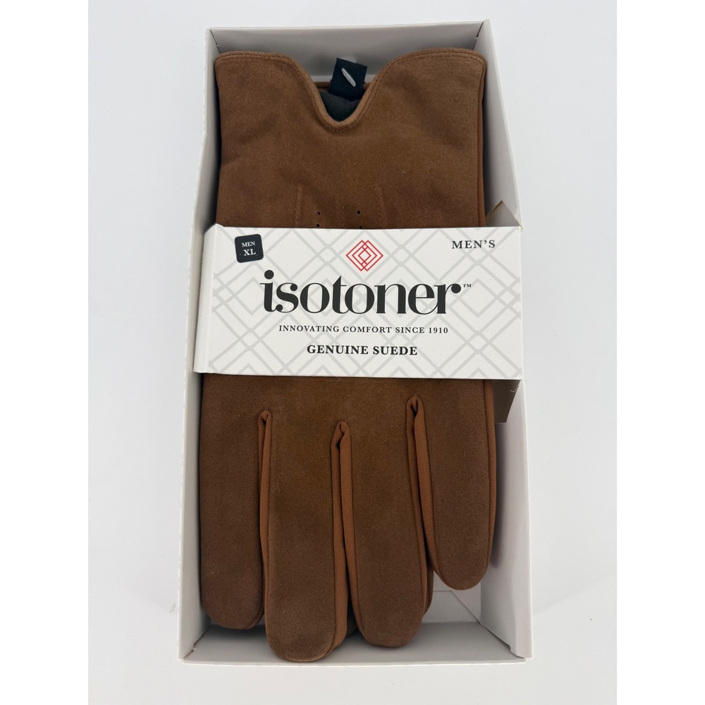 Isotoner Mens Gloves Genuine Suede SmartTouch Stretch Cognac Brown XL NEW $76
